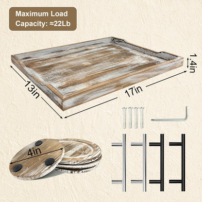 ComfyTune Wood Serving Tray with Metal Handles, 17x13in Large Wooden Tray for Ottoman, Coffee Table, Breakfast, Dinner & Bar, Decorative Tray for Living Room, Bedroom, Bathroom and Kitchen, Brown
