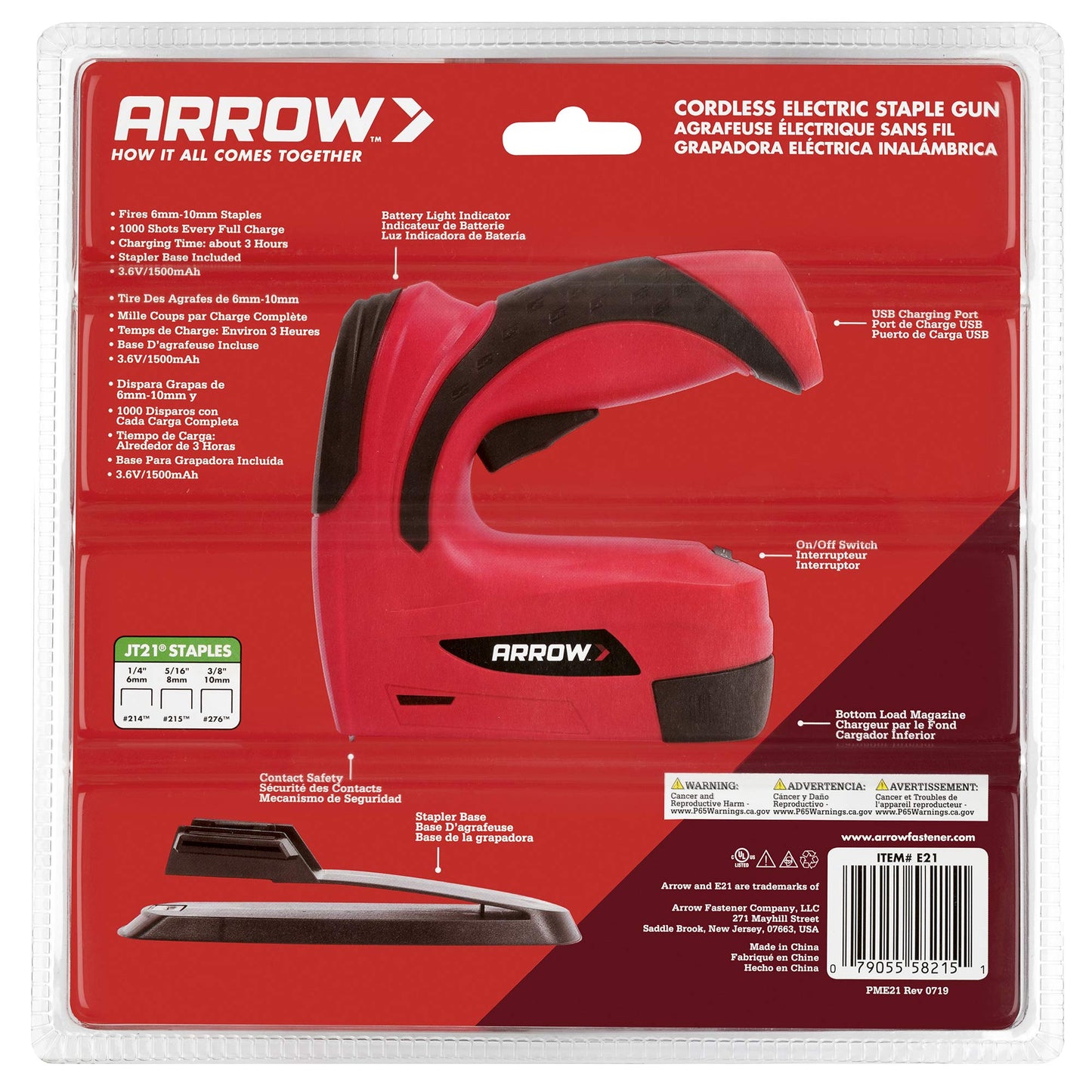 Arrow Fastener Arrow E21 Cordless Electric Light Duty Staple Gun, Black/Red