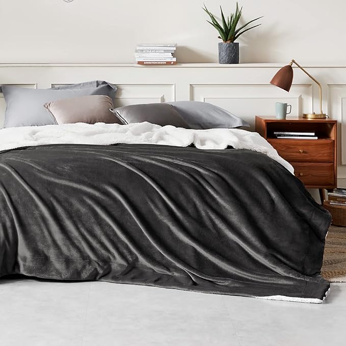 Bedsure GentleSoft Sherpa Fleece Blankets King Size for Bed - Thick and Warm Throw for Men, Soft Fuzzy Plush King Blanket for Winter, Charcoal, 108x90 Inches