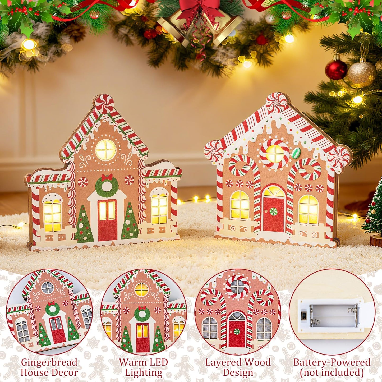 APUDWN 2 Pcs Lighted Gingerbread House Christmas Decorations, Lighted Wooden Village Set Centerpieces Battery Operated LED Gingerbread Decor for Home, Kitchen, Mantel, or Shelf Display, Gifts for Xmas