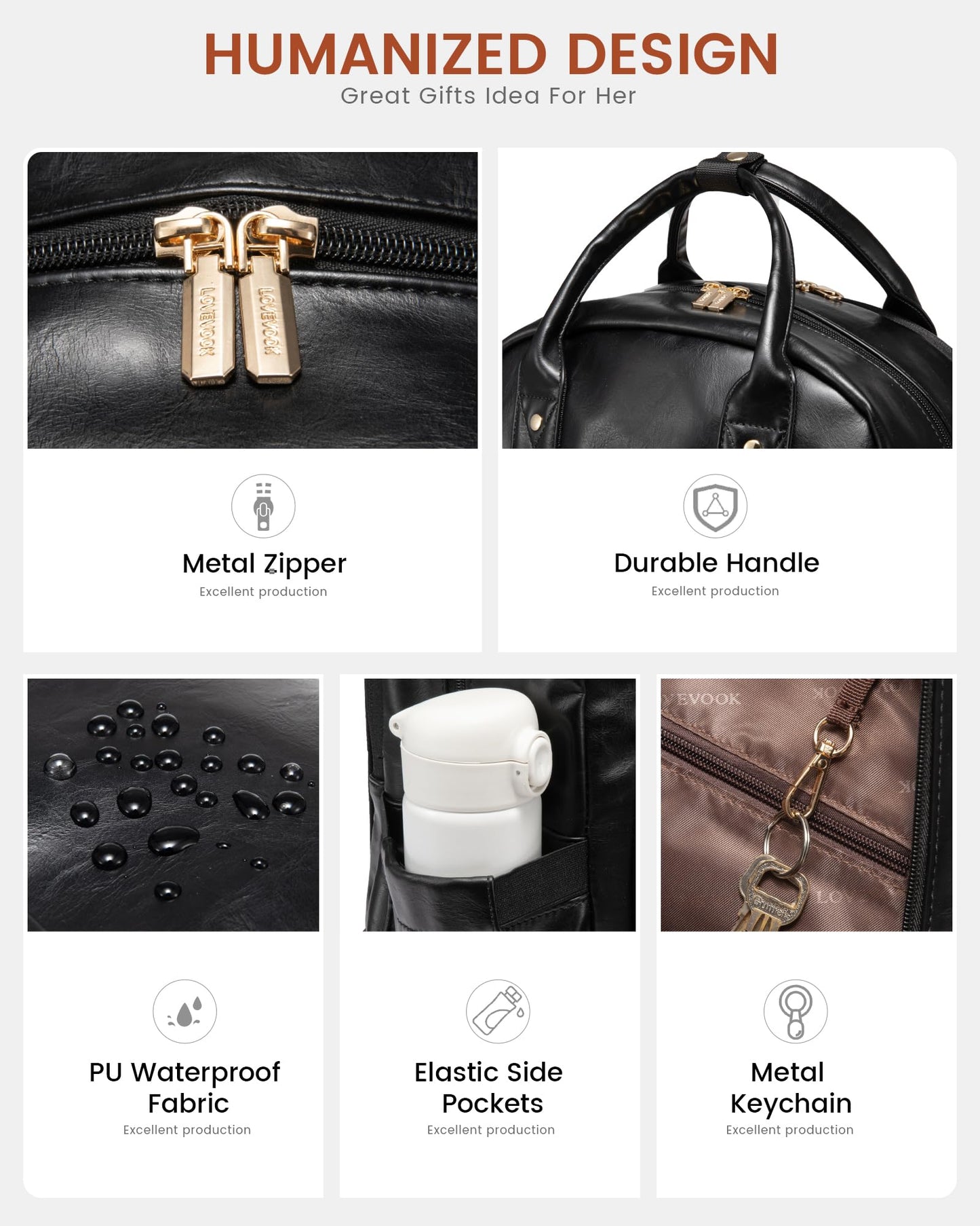 LOVEVOOK Vintage PU Leather 15.6 inch Women's Laptop Backpack, Black, 25L, Water Resistant, USB Charging Port