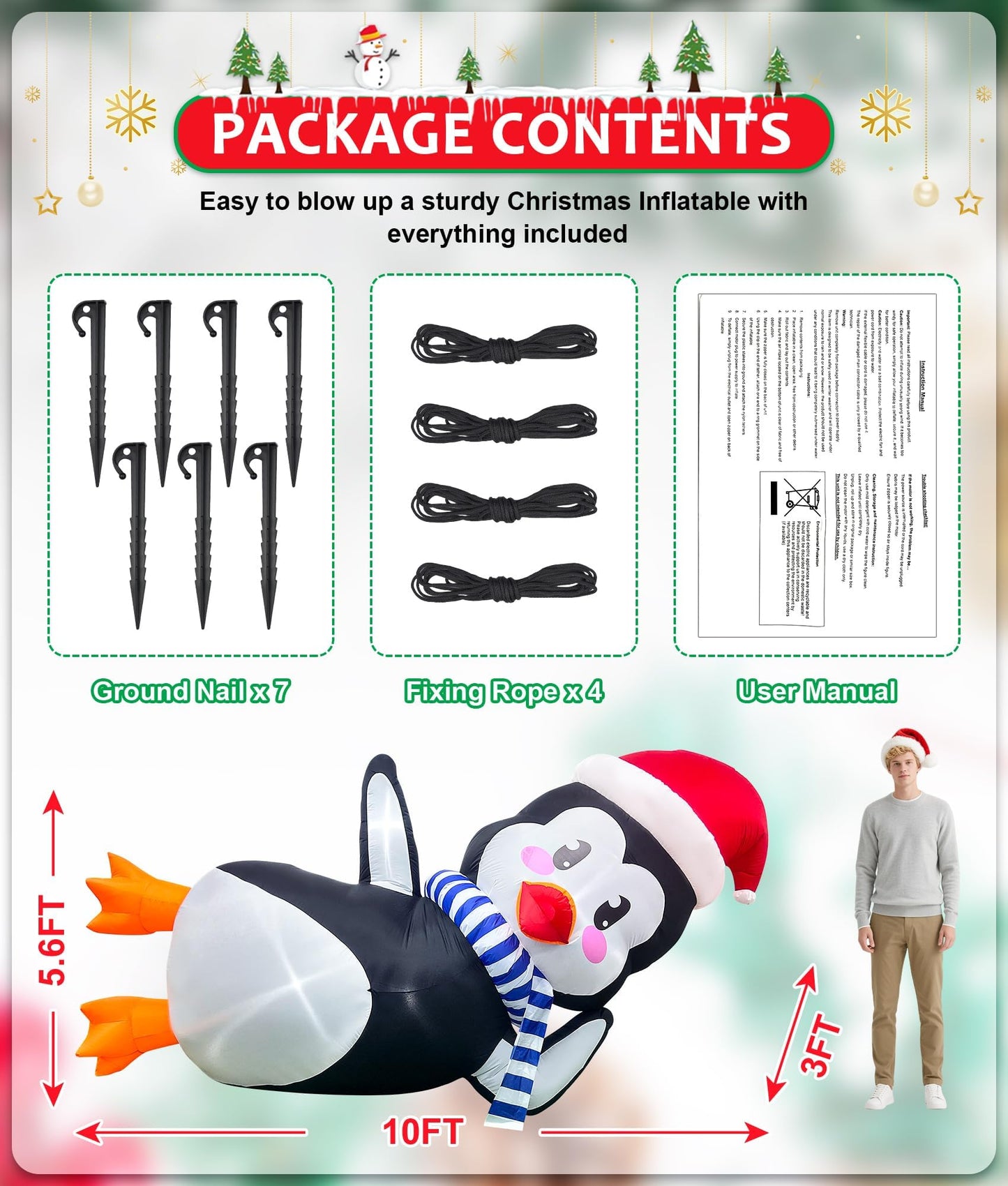 10Ft Christmas Inflatables Outdoor Decoration, Inflatable Penguin with Scarf Laying Down Christmas Blow Ups Yard Decoration for Garden, Lawn, Home Xmas Holiday Season Decor