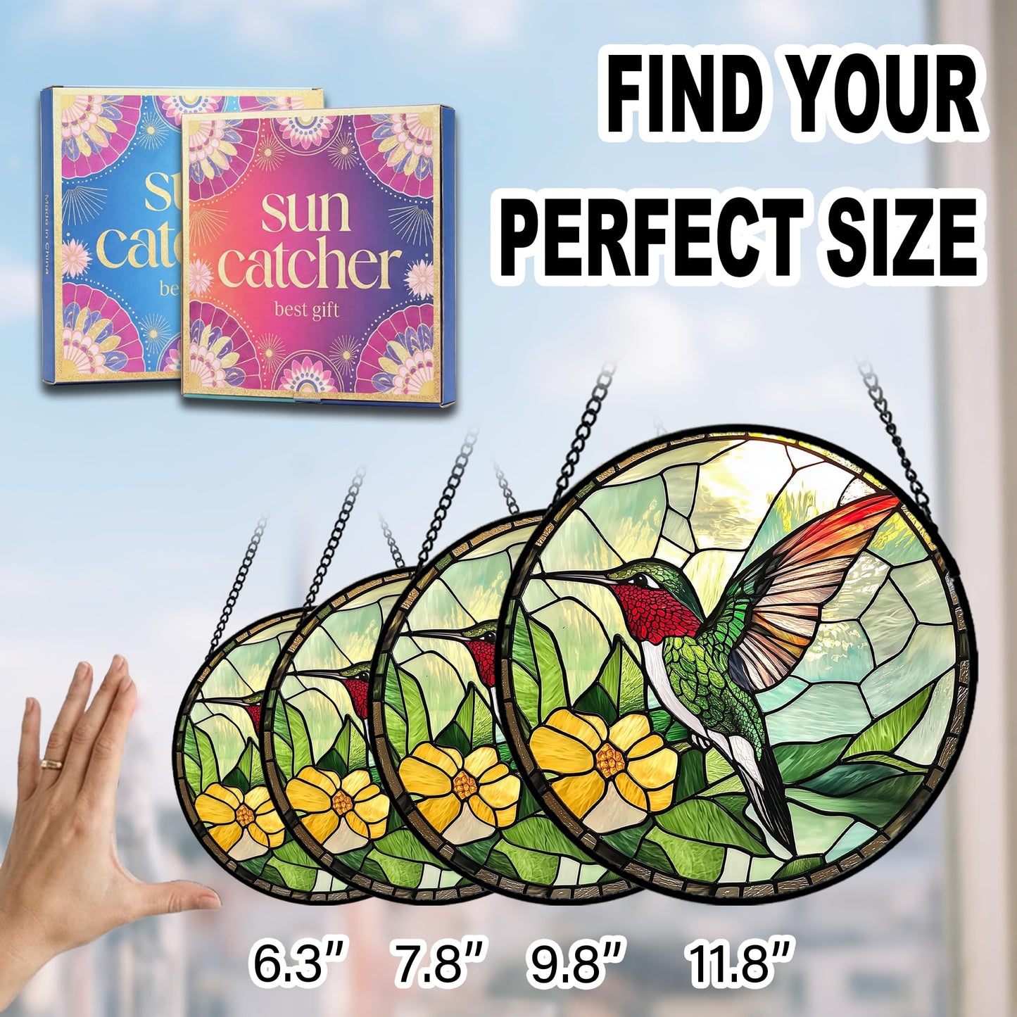 Hummingbird Gifts for Mom - Green Bird Faux Stained Glass Window Hanging Sun Catcher for Door Garden Acrylic Decor Mother's Day Birthday for Bird Lover Women Nana Men Grandma 7.8"