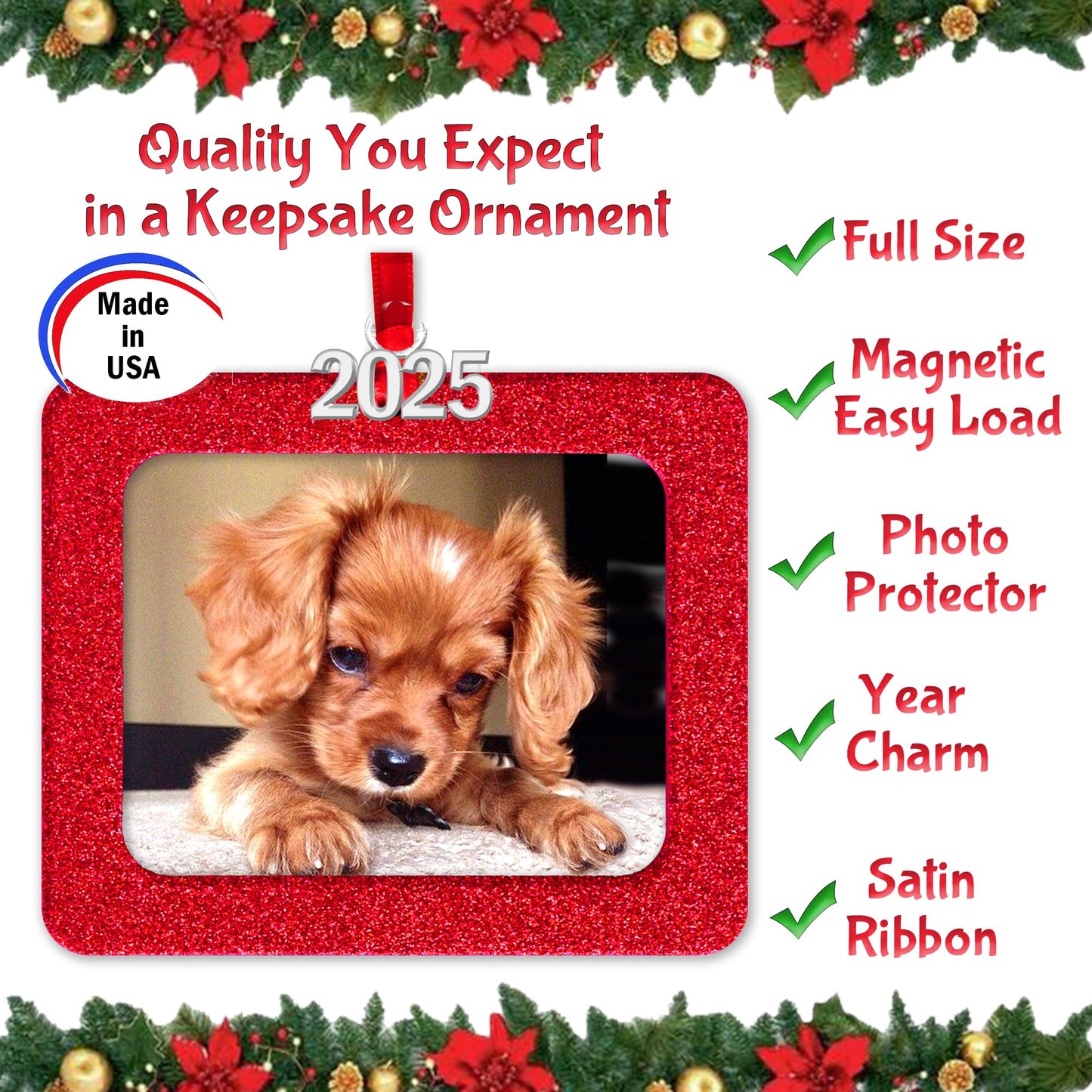 Expressly Yours! Photo Expressions 2025 Photo Ornaments for Christmas Tree, Christmas Picture Frame Ornament, Easy-Load Magnetic Frame with Ribbon, Charm & Photo Protector, Horizontal Buffalo Plaid