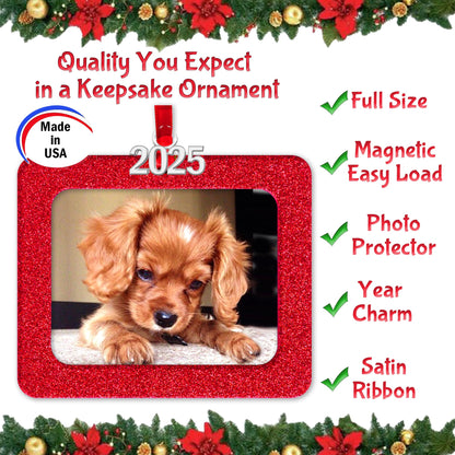 Expressly Yours! Photo Expressions 2025 Photo Ornaments for Christmas Tree, Christmas Picture Frame Ornament, Easy-Load Magnetic Frame with Ribbon, Charm & Photo Protector, Horizontal Buffalo Plaid