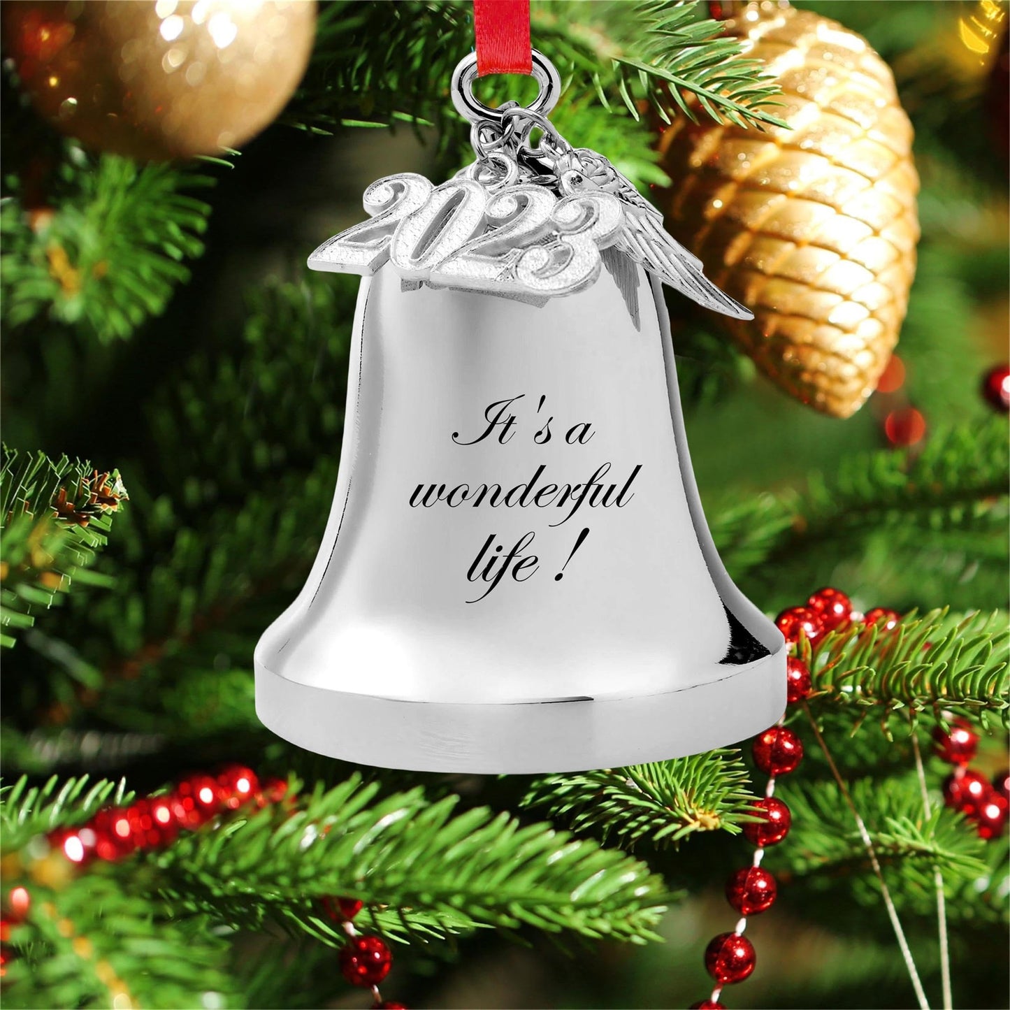 FKOG 2026 It's A Wonderful Life Christmas Bell Ornament, Silver Christmas Tree Bell and Sleigh Bell Ornament Decoration Gifts with Angel Wing Charm (It's a Wonderful Life Bell)