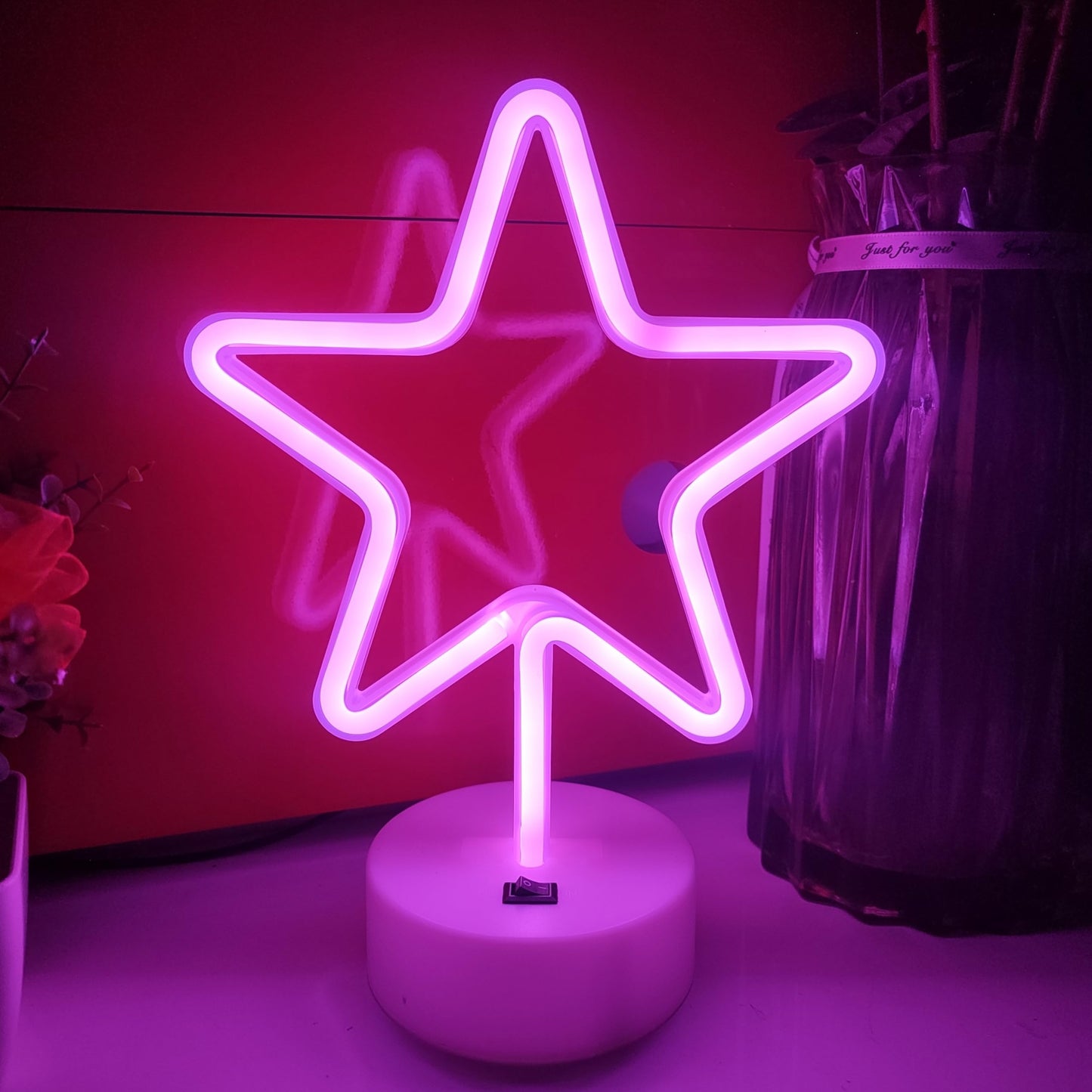 JYWJ Star Neon Signs with Holder Base,USB or 3-AA Battery Powered Neon Light,LED Desktop Wall Decoration,Various Parties,Decoration of Business Premises(Pink)