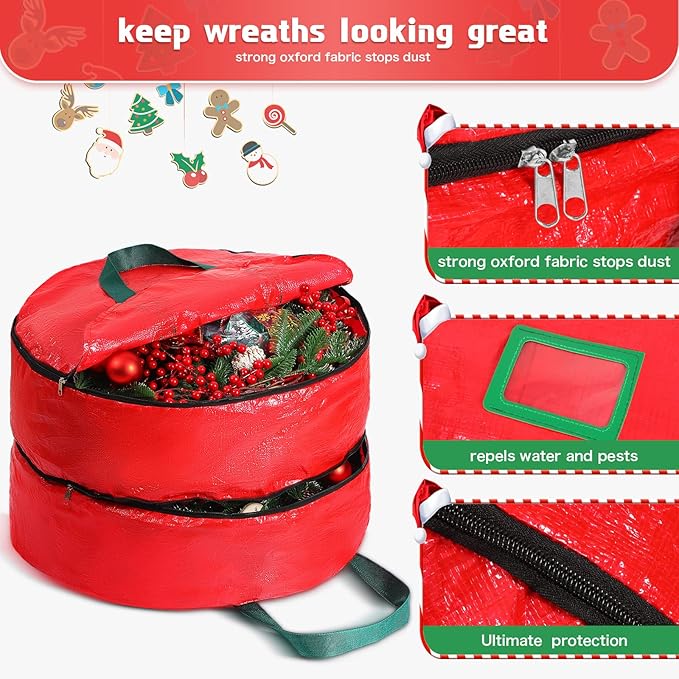 Double Layer Christmas Wreath Storage Container Bag Wreath Storage Pure Color Seasonal Garland Holiday Container Festive Box with Dual Zippers and Handles for Xmas(30 Inch,Red)