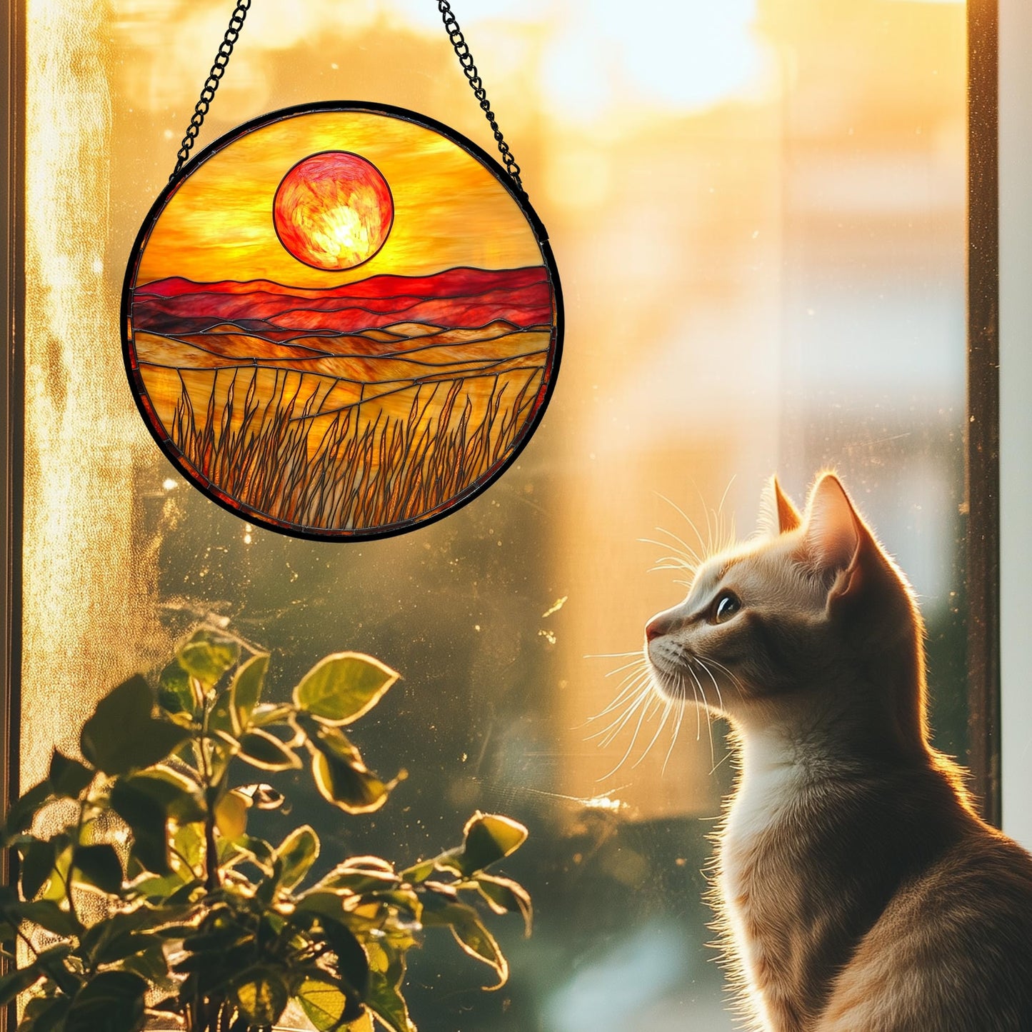 DASTOLL Stained Glass Window Hanging 4 Pcs Set Desert Sunset Theme Landscape 6.3" - Suncatcher Door Garden Sun Catcher Decor Birthday Christmas for Mom Woman Nana Men