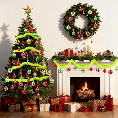 57pcs Christmas Balls with Green Fur Plastic Christmas Baubles for Tree Decoration Red Green Glittering Hanging Xmas Balls with Swirl Candy Cane for Home Holiday Party Indoor Decor