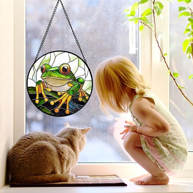 Stained Glass Window Hanging, Green Frog White Petals Sun Catchers Colorful Glass Panel Cute Suncatcher Decor for Birthday for Women, Men, Wife, Aunt, and Mom 11.8x11.8 in