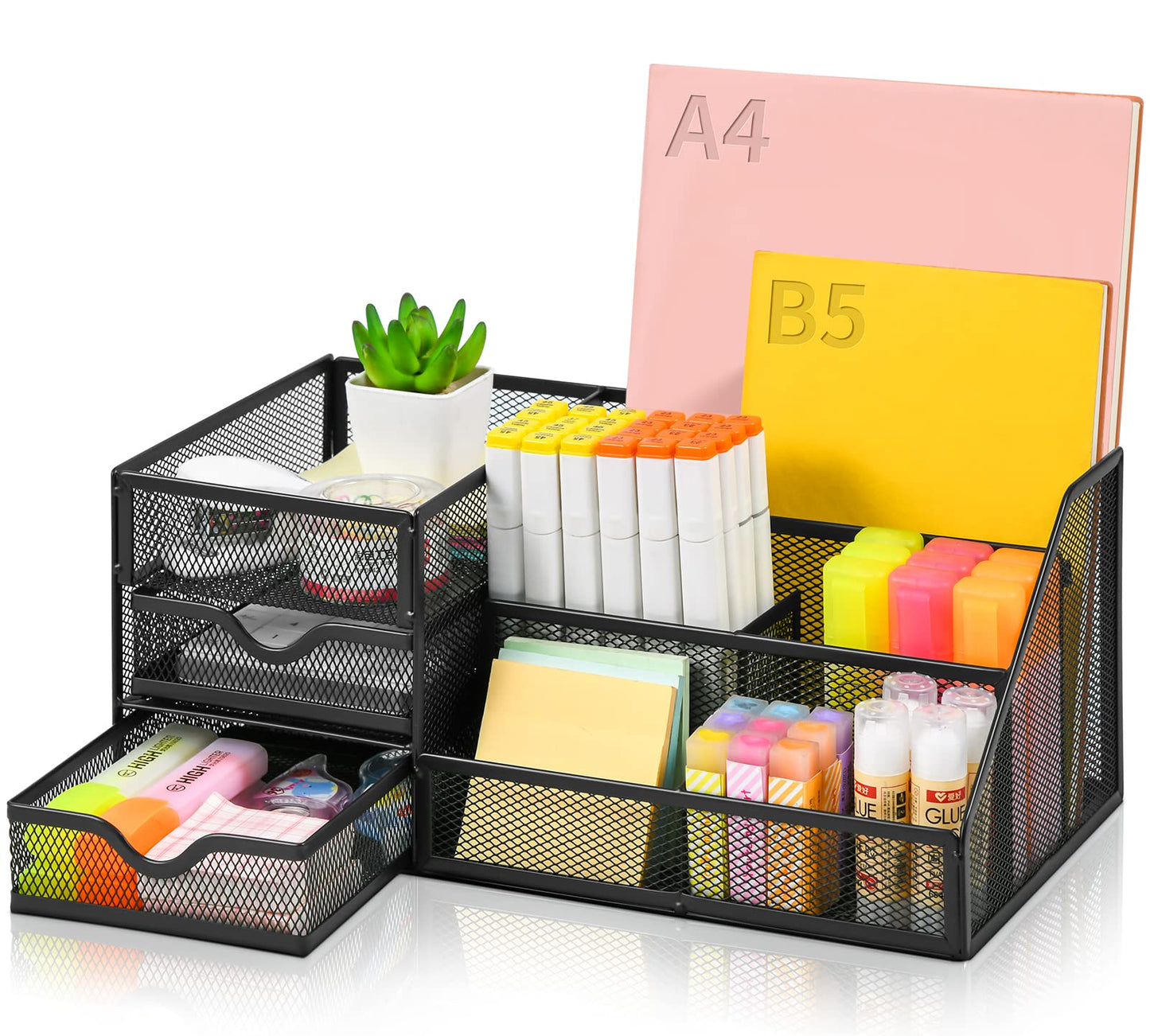 Lavatino Larger Mesh Desk Organizer with Drawers, Multifunctional Desk Organizers and Accessories with 6 compartments + 2 Drawer, Office Desktop Organization for supplies (Black)