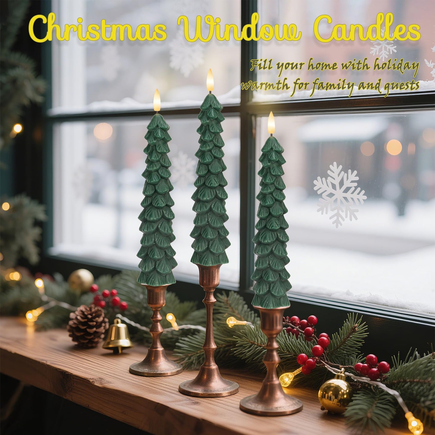 JOIONE Christmas Tree Flameless Taper Candles with Remote 3 Packs, Battery Operated Real Wax LED Candlesticks with 3D Flickering Flame, Perfect for Holiday, Christmas and Home Decor, Green