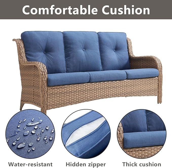 Rilyson Patio Furniture Swivel Chairs Set - 7 PC Wicker Rattan Outdoor Sectional Conversation Sets with 2 Rocking Chairs,2 Ottoman,1 Sofa,1 Loveseat and 1 Coffee Table for Porch Deck(Yellow/Blue)
