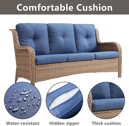 Rilyson Patio Furniture Swivel Chairs Set - 7 PC Wicker Rattan Outdoor Sectional Conversation Sets with 2 Rocking Chairs,2 Ottoman,2 Sofa and 1 Coffee Table for Porch Deck Garden(Yellow/Blue)