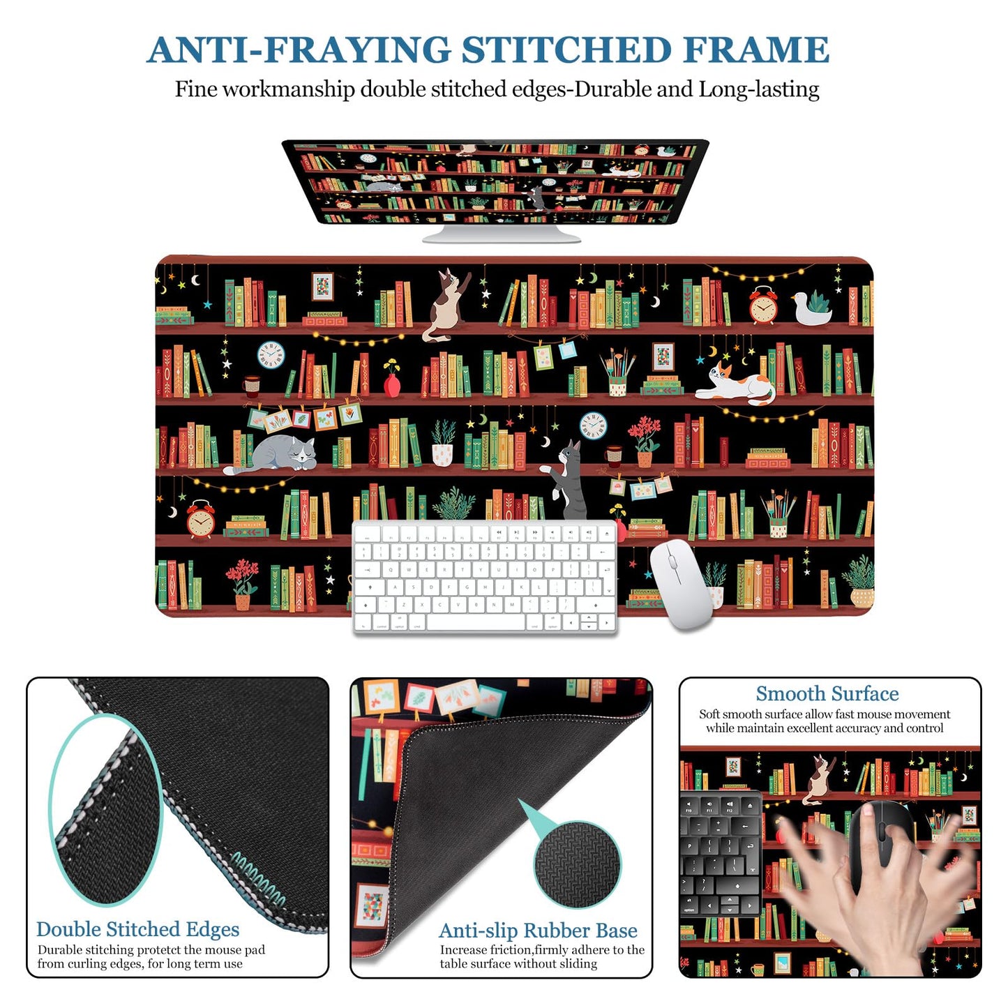 Desk Mat, Desk Matt for Desktop Bookshelf Cat XXL Extended Large Gaming Mouse Pad for Desk, Anti-Slip Desk pad Mat with Stitched Edges, Keyboard Mouse Mat for Computer, Work, Office, Gaming