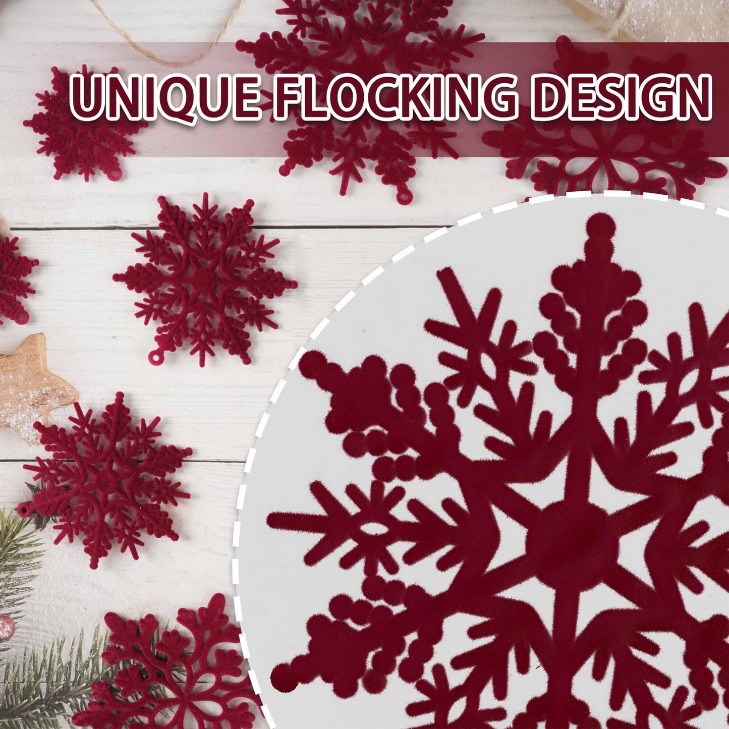 36pcs Wine Red Flocked Christmas Snowflake Ornaments, Hanging Velvet Snow Flakes for Christmas Tree Decorations Winter Wonderland Frozen Birthday Party Holiday Home Decor Craft Snowflakes