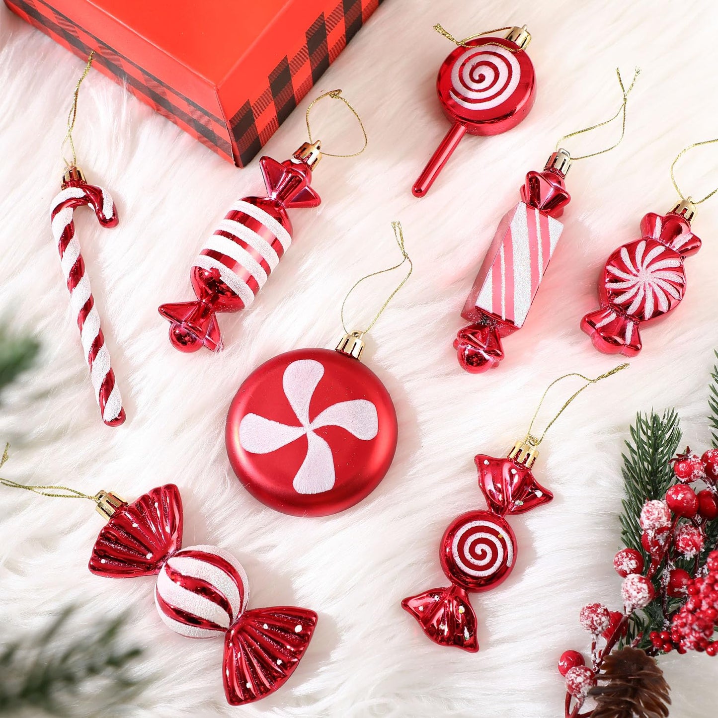 Leyndo 24 Pcs Christmas Candy Hanging Ornament Candy Cane Peppermint Lollipop Decor Glitter Ornament for Home Christmas Tree Party Favor Decoration(Red)