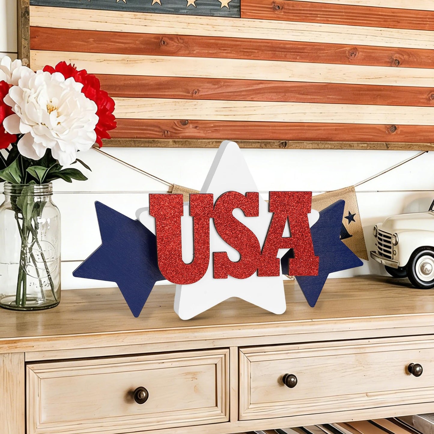 COCHIE Glitter USA Sign 4th of July Decorations for Office, Home, Table, Mantel, Shelf, Desk, 5x10 Inch Patriotic Memorial Day Star Sign, Wooden Red Blue White Decor Labor Day Centerpiece (Star)