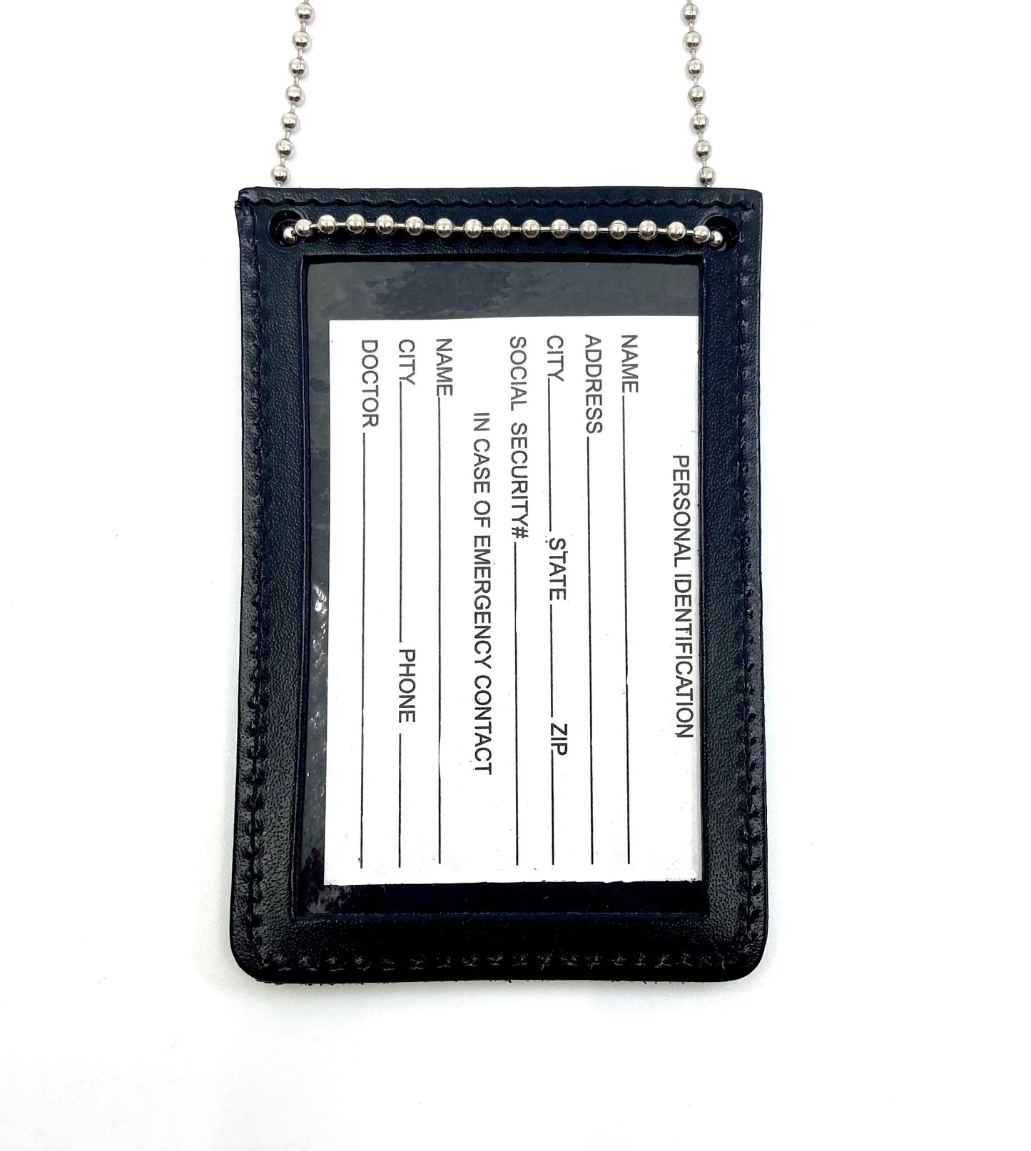Neck Chain Double Sided ID Holder with 2 Clear Picture ID Windows, Leather Badge for Credential Pass to Wear Around The Neck for Police Law Enforcement, Business, Factory Worker (Black) (Vertical)