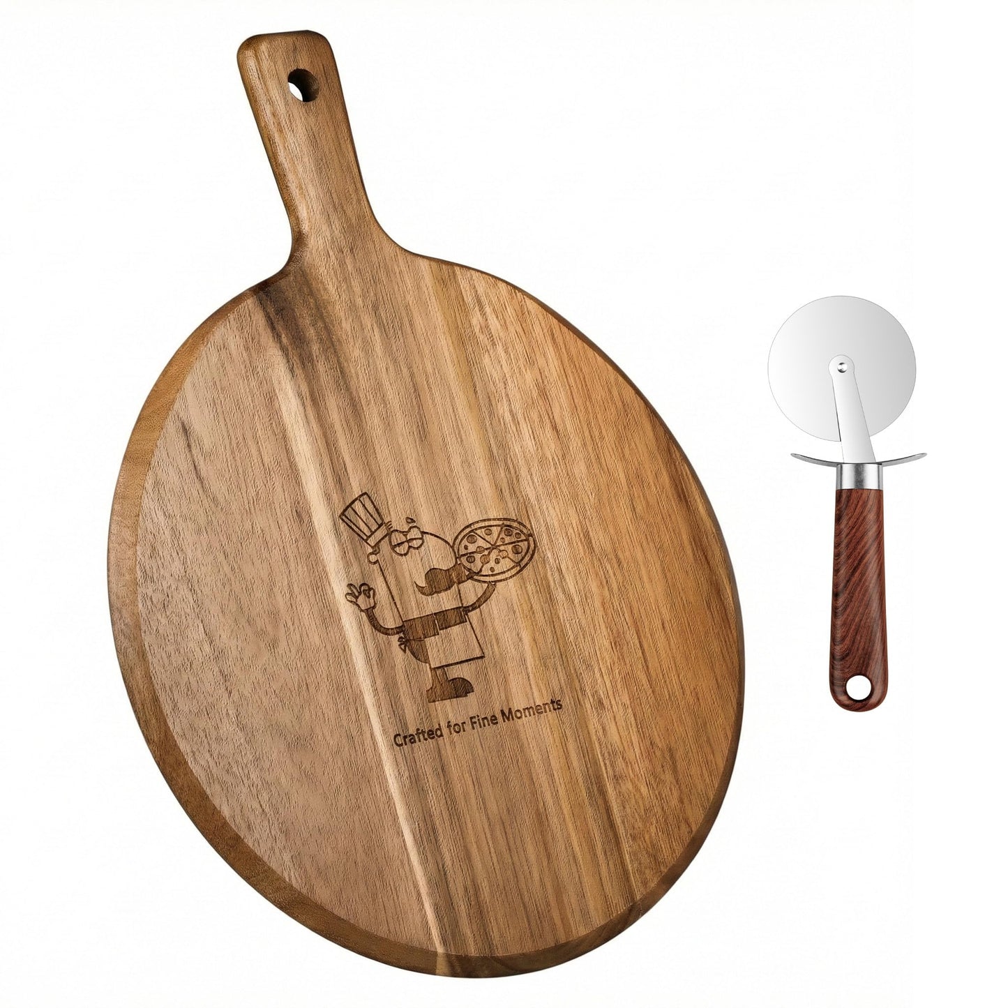 GleeNflux 12" Acacia Wood Pizza Board & Cutting Board Set with Pizza Cutter, Round Wooden Serving Tray/Charcuterie Platter for Cheese, Appetizers & Entertaining, Rustic Housewarming Gift