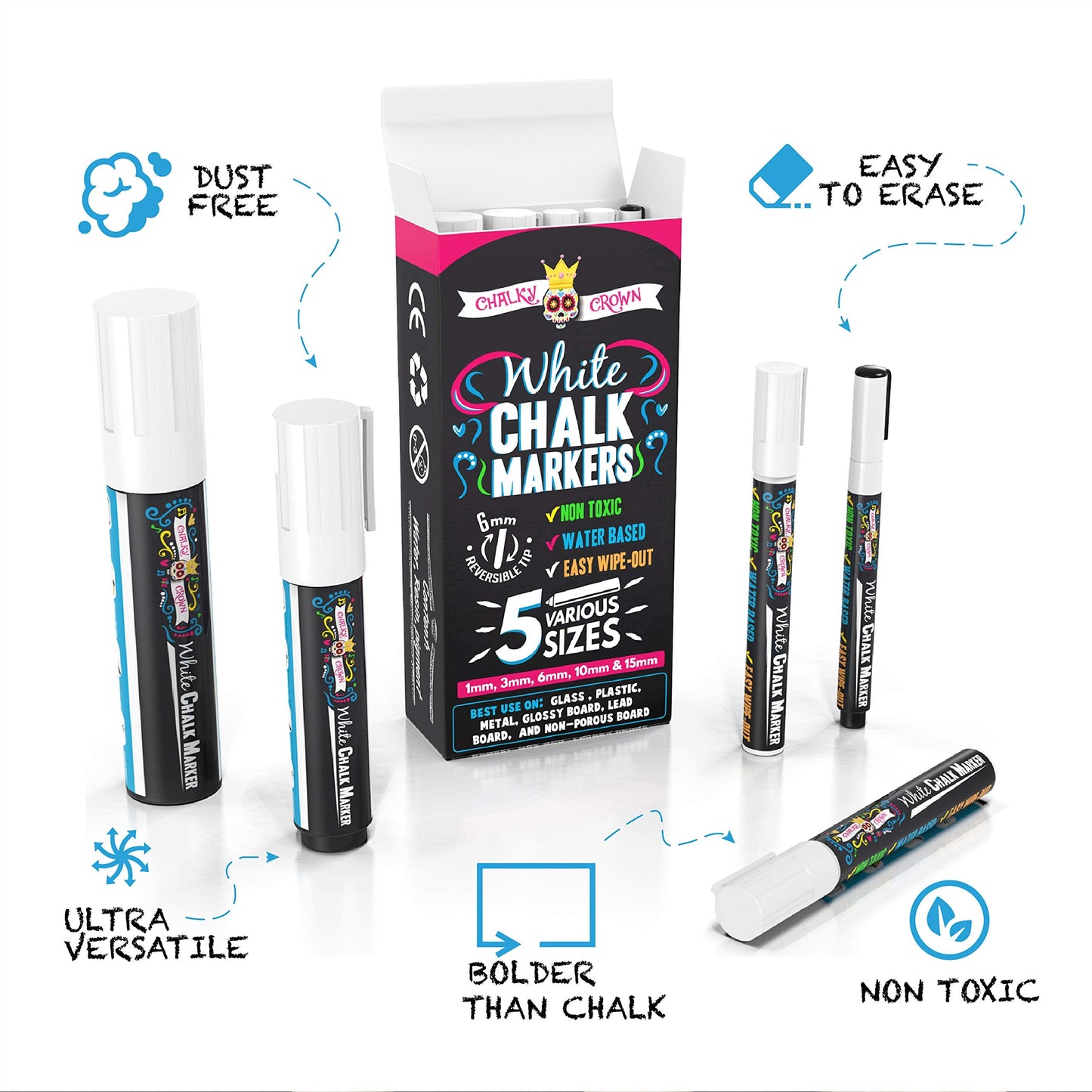 CHALKY CROWN 5pc White Chalk Markers - Non-Toxic Liquid Chalkboard Markers, White Liquid Chalk Marker for Windows, Glass - 1, 3, 6, 10, 15mm Tips