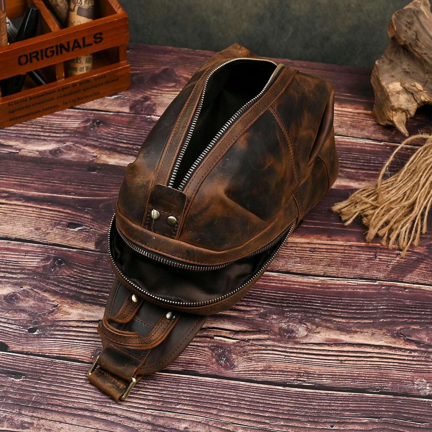 Handadsume Thick Crazy horse Leather Triangle Crossbody Sling Chest Bag Travel One Shoulder Bag Daypack For Men Male 3028 (1186-Brown)