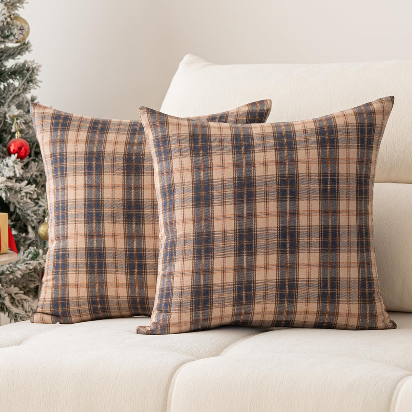 Huierxun Christmas Pillow Covers 18x18 Set of 2, Christmas Decorations Scottish Tartan Plaid Throw Pillow Cases Farmhouse Decorative Square Cushion Case for Sofa Couch Home Decor (Plaid F,18''x18'')