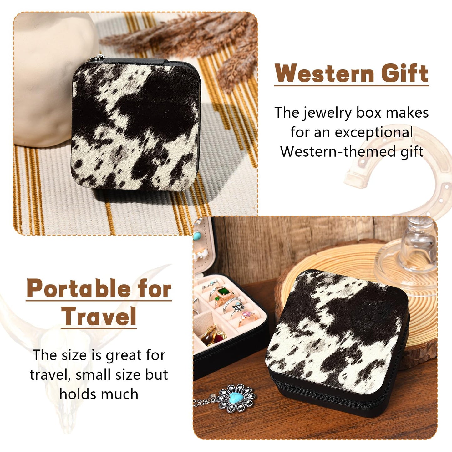 DEEKA Western Jewelry Box Case Real Leather Cow Print Cowhide Tooled Travel Jewelry Organizer Gifts Christmas Gifts for Women Country Girls Cowgirl Stuff Portable Travel Accessories -Black