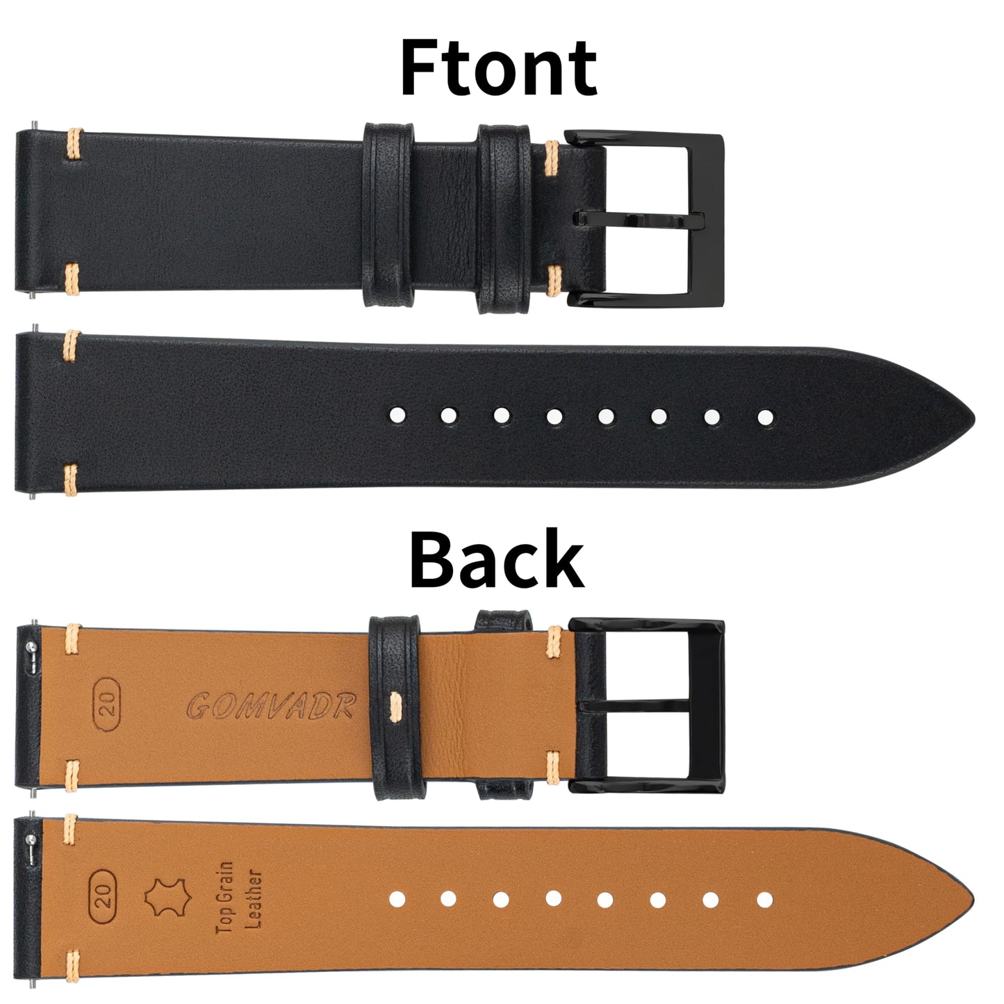 Gomvadr Handmade Slim Vintage Top Grain Leather Watch Strap, Quick Release, 18 mm/19 mm/20 mm/21 mm/22 mm, Silver/Black Buckle, Tan/Brown/Blue/Black/Coffee, Unisex for Men Women (Black with Black Buckle, 20mm)