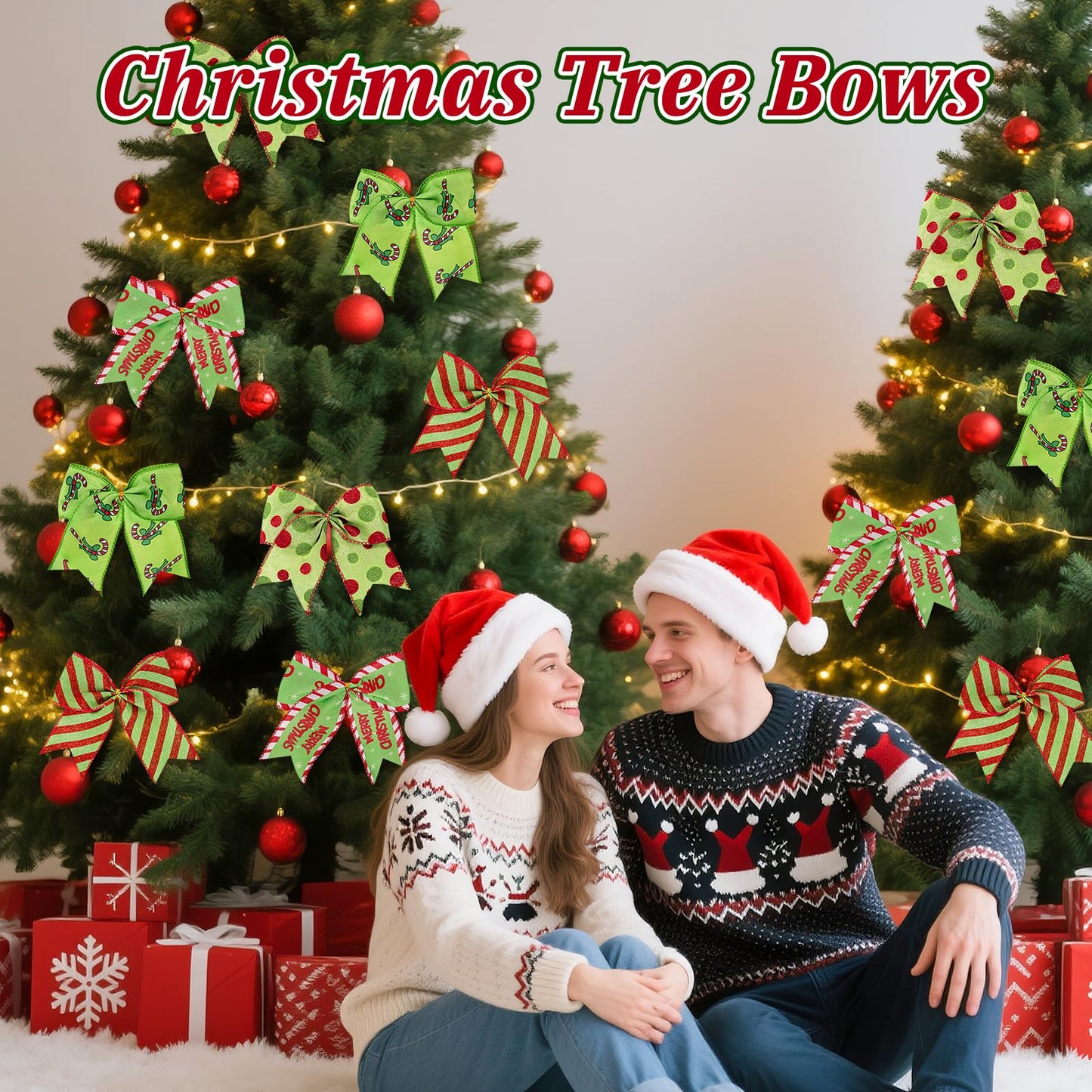 16 Red Green Christmas Bows Decoration, 6 Inch Large Wreaths Bows for Tree Gift Wrapping Garland, Christmas Bows Tree Dot Bows Ribbons Ornaments Christmas Wreath Decorations Wall Home Front Door Decor