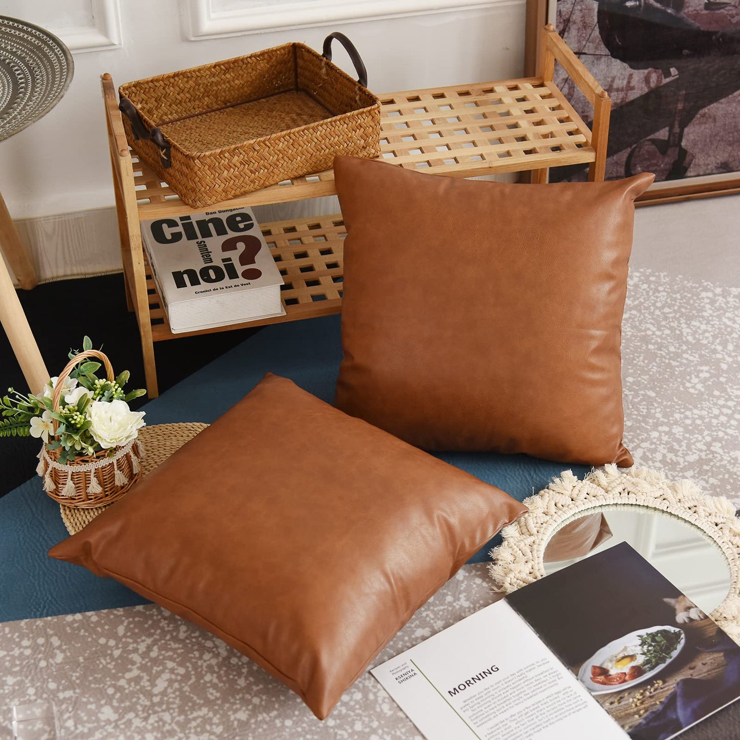 Tosewever Faux Leather Throw Pillow Covers, 18 x 18 inch Set of 2 Luxury Cognac Brown Modern Pillowcases Solid Decorative Square Cushion Cases for Bedroom Living Room Couch Bed Sofa (Brown, 18" x 18")