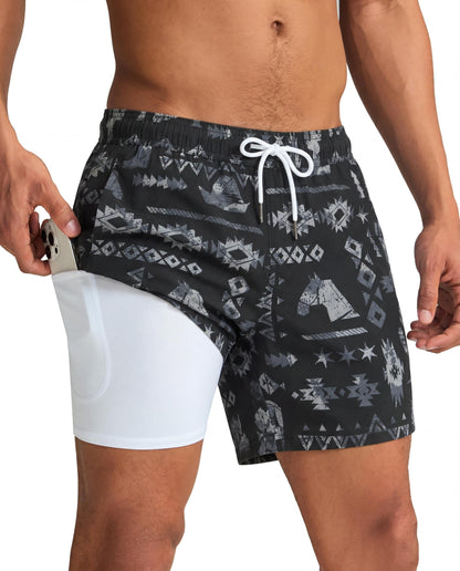maamgic Mens Swim Trunks with Compression Liner 5 Inch, Quick Dry Bathing Suit with Zipper Pockets, Stretch No-Chafing Swim Shorts, Dark West X-Small