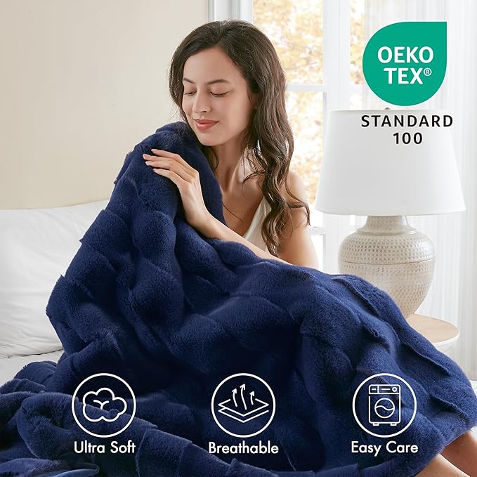 Madison Park Luxuriously Cozy Soft Long Faux Fur Basketweave Blanket, Reversible Soft & Snuggly Velvet Throw, Lightweight, Breathable, All Season, Trendy Room Décor, 50x60, Navy