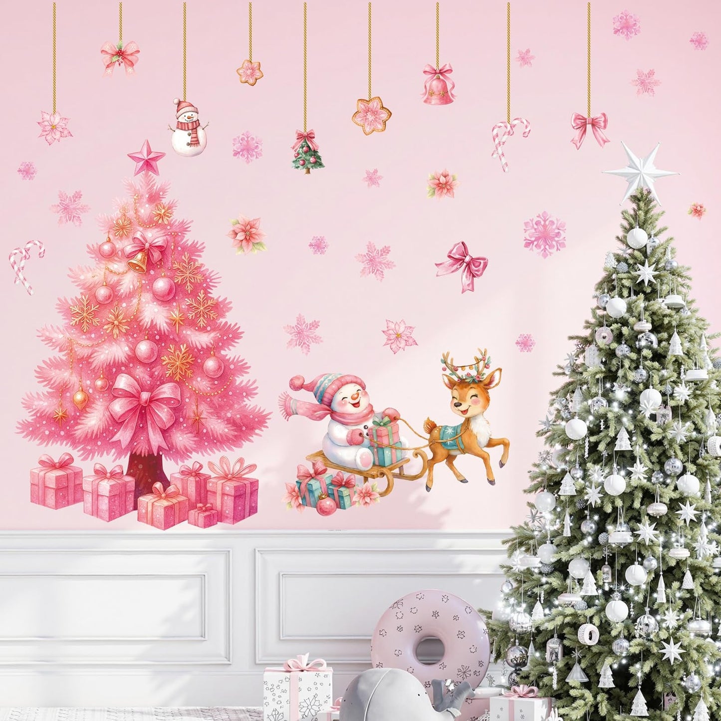 TOARTI Large Pink Christmas Tree Wall Decals Merry Christmas Window Clings Pink Xmas Tree Wall Sticker for Living Room Xmas Party Supplies Winter Holiday Party Decor