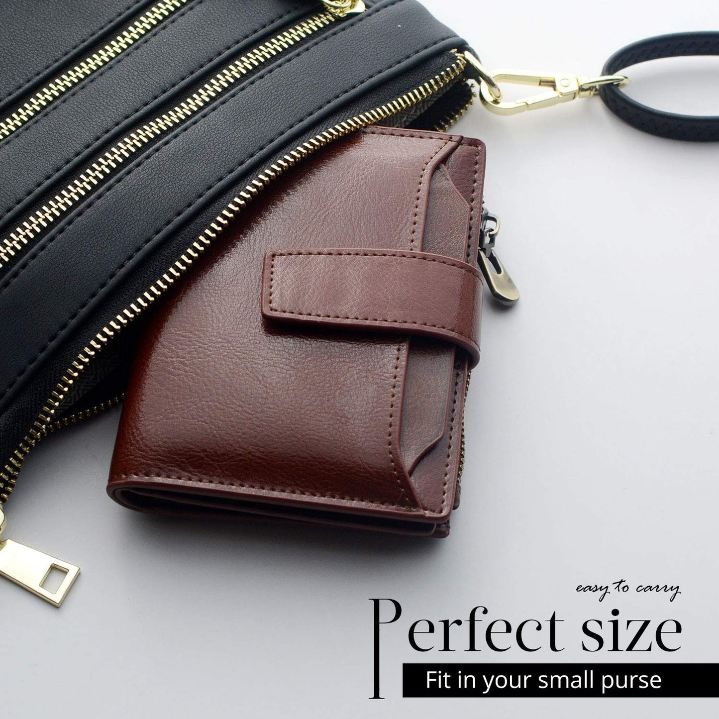 Bveyzi Women's Small Leather RFID Blocking Bifold Zipper Pocket Wallet Ladies Credit Card Slots Purse with id Window(Coffee)