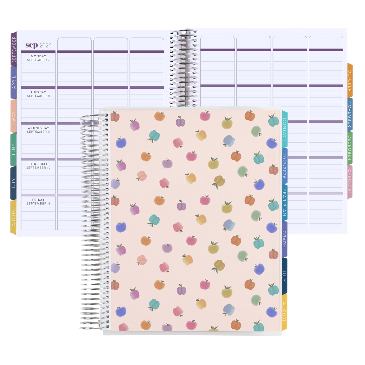 8.5x11 Coiled Teacher Lesson Planner (January 2026 - December 2026) - Apple Dapple classic cover, horizontal layout, Hexagon theme, platinum coil