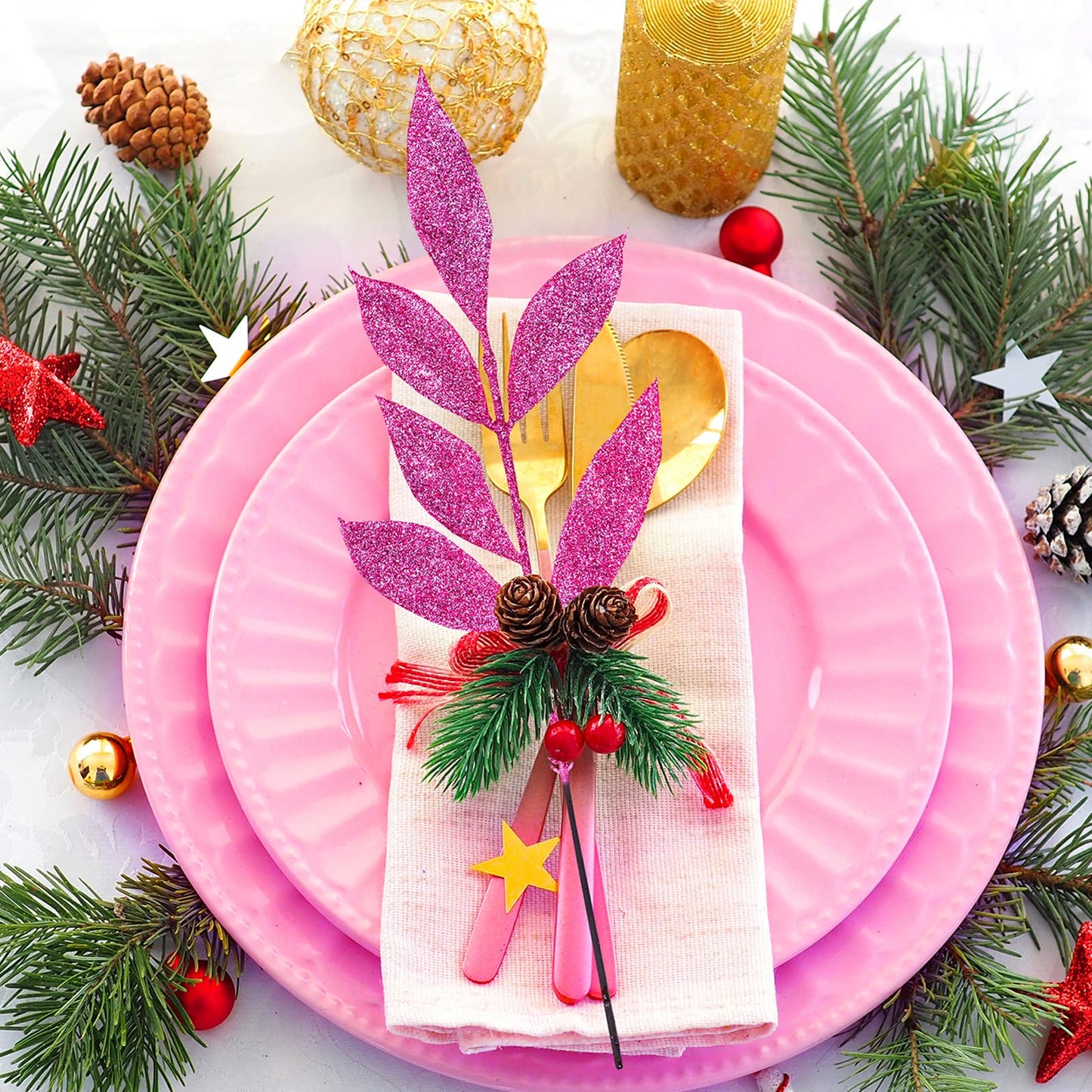 Winlyn 20 Pcs Pink Glitter Bay Leaf Sprays Artificial Christmas Tree Picks Sprays 12.7" Tall for Pink Christmas Tree Wreath Swag Floral Arrangement Winter Wedding Bouquet Centerpiece Decoration