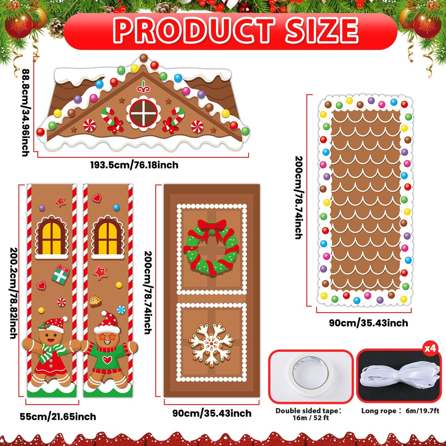 5 Pcs Christmas Gingerbread House Decorations Xmas Candy Gingerbread Door Cover Floor Runner Xmas Candy Hanging Banner Backdrop Christmas Porch Signs for Holiday Classroom Home Candyland Party Decor