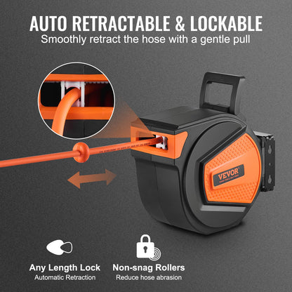 VEVOR Retractable Hose Reel, 65 ft x 5/8 inch, 180° Swivel Bracket Wall-Mounted & Retractable Air Hose Reel, 3/8 IN x 50 FT Hybrid Air Hose Max 300PSI