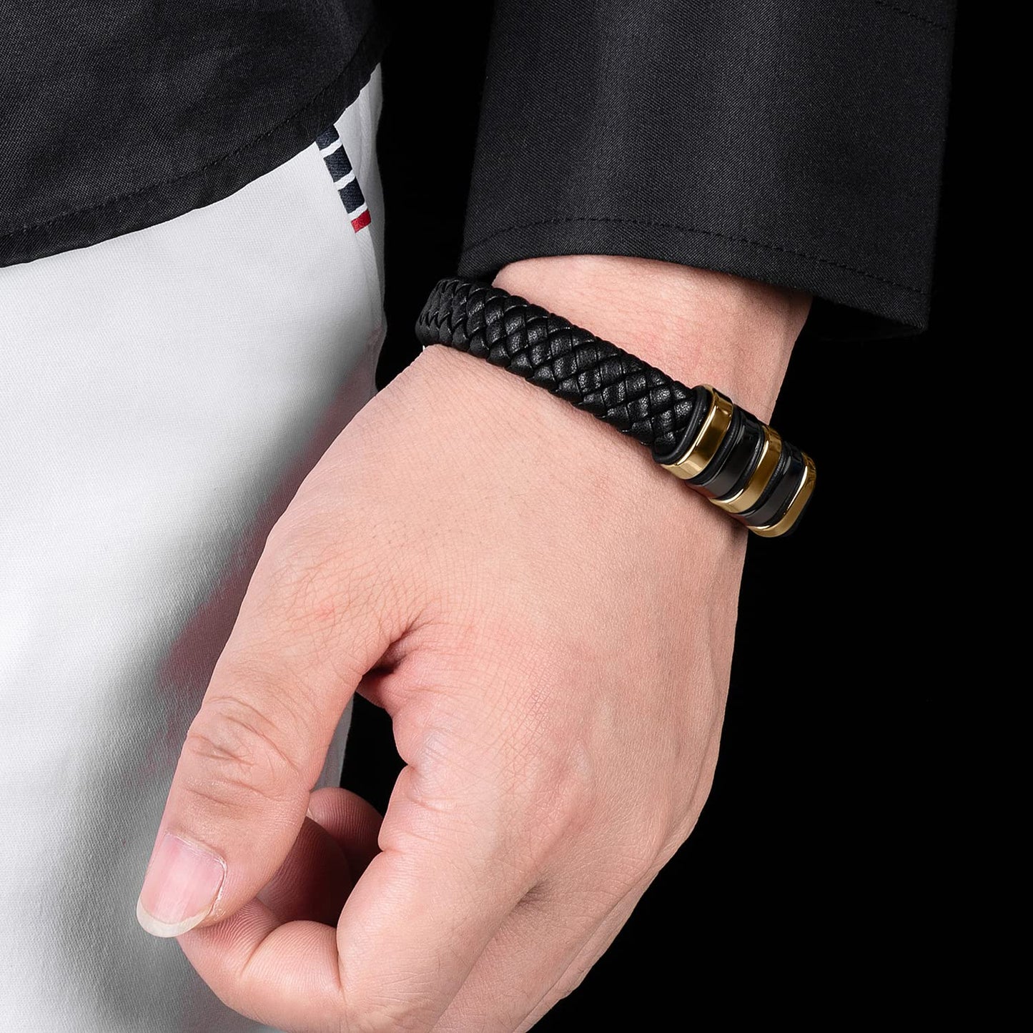 LJWVX Mens Black Leather Bracelets, Braided Leather Wristband CuffBracelet for Men, Gift for Dad