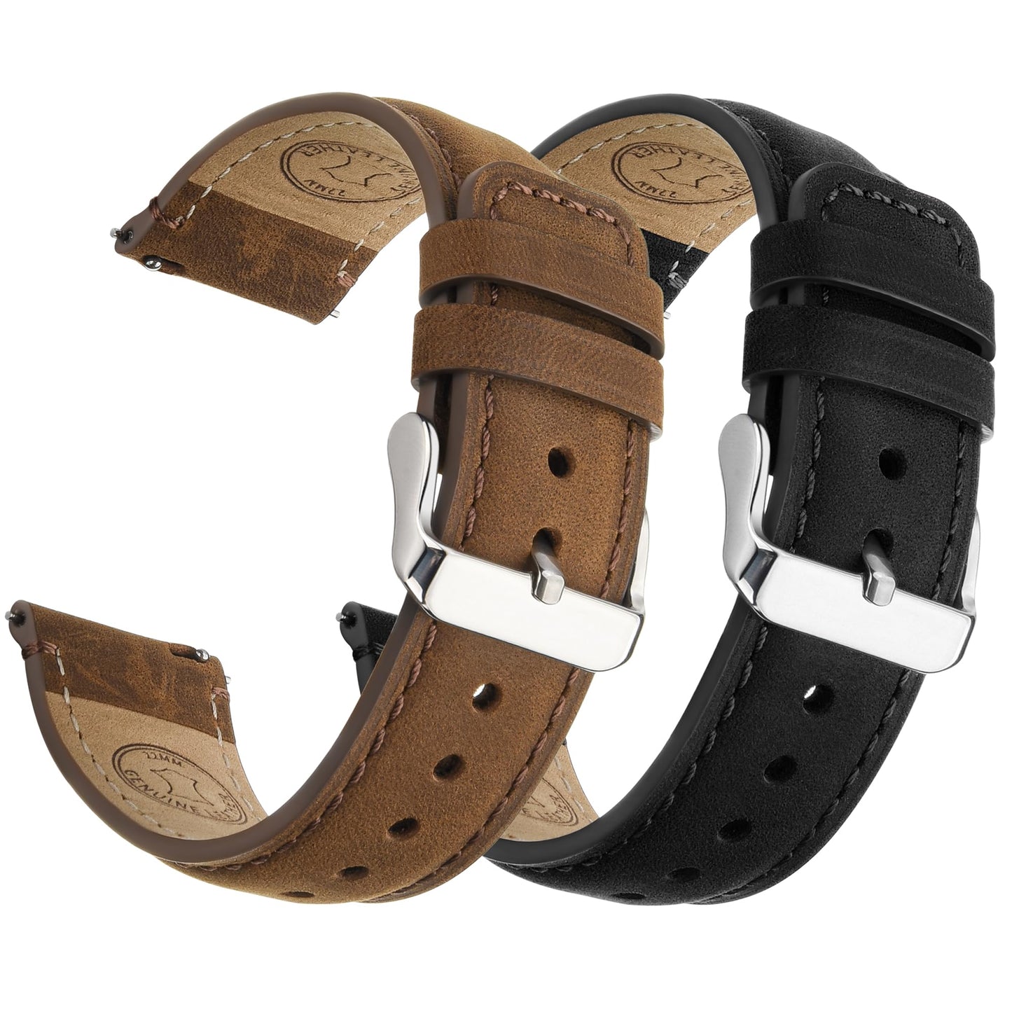 Fullmosa 18mm 20mm 22mm 24mm Leather Watch Bands, 2 Pack Soft Quick Release Watch Strap Compatible with Garmin Vivoactive 5/6/4/3, Venu 4/3S/2S, Samsung Galaxy Fossil Amazfit for Men Women,20mm Saddle Brown&Silver/Black&Silver