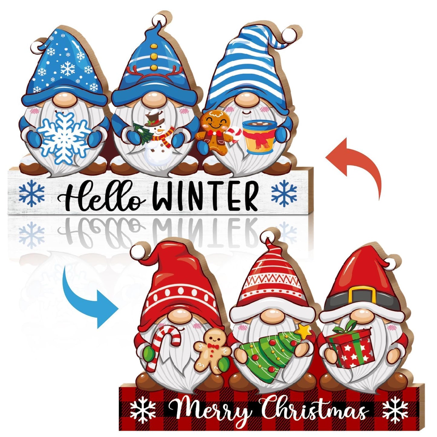LawnIdyll Winter Christmas Gnome Decoration Reversible Double Side Wooden Tabletop Sign Hello Winter Merry Christmas Table Centerpieces for Holiday Mantle Tiered Tray Shelf Holiday Party Home Decor