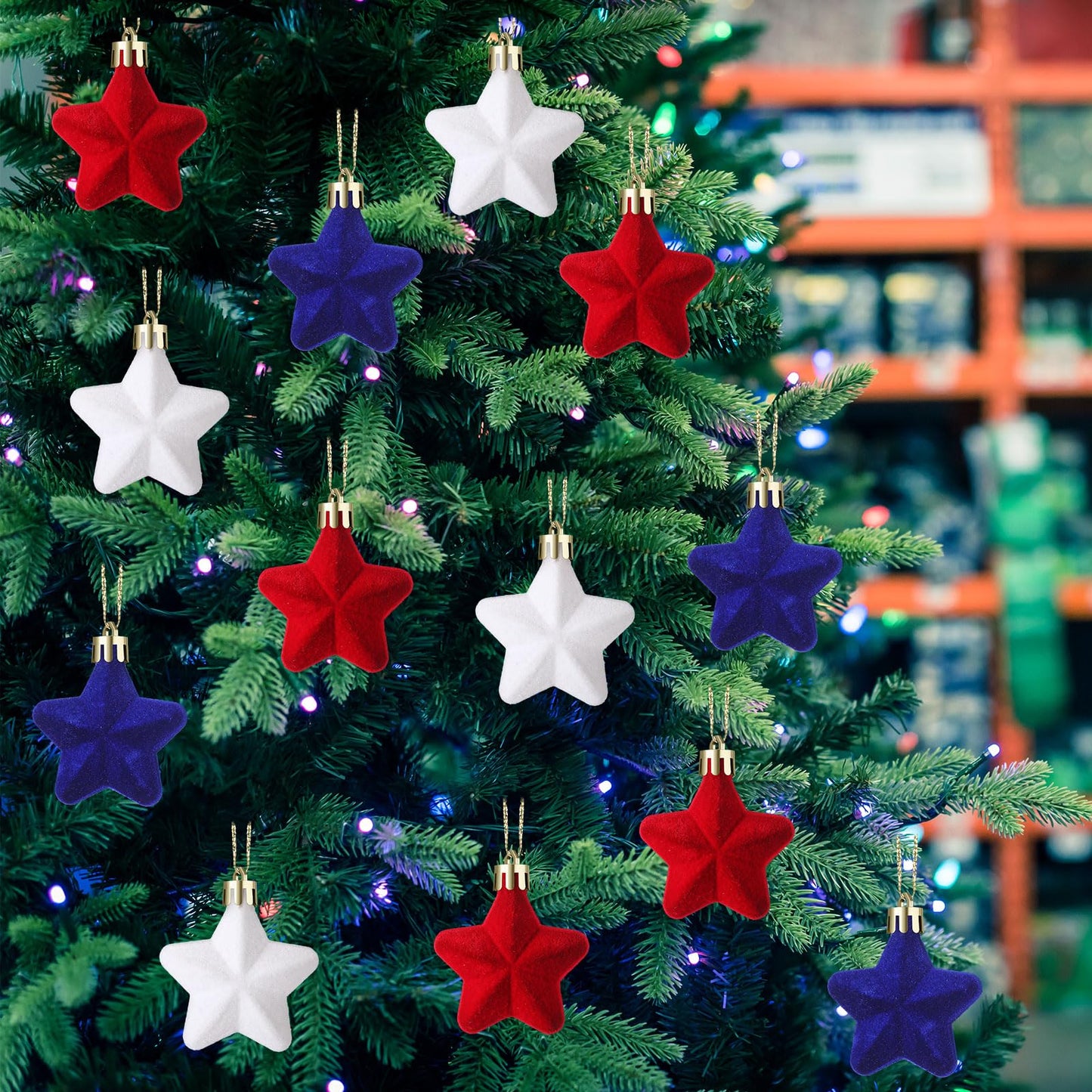 PullCrease 24 Pcs 4th of July Tree Decorations 1.97 Inch Red White Blue Star Ornaments Patriotic Hanging Star Shaped Ornaments for Independence Day 250th Anniversary Holiday Party Supplies
