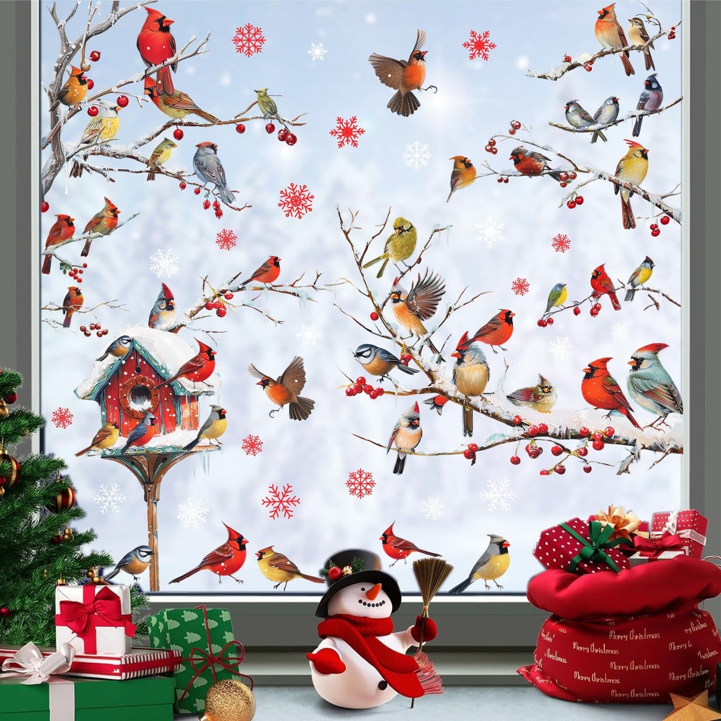 Winter Window Stickers Christmas Window Clings Double-Sided Xmas Sticker for Indoor Outdoor Decor Winter Birds Tree Branch Windows Decals for New Year Christmas Holiday Party Living Room Home Decor