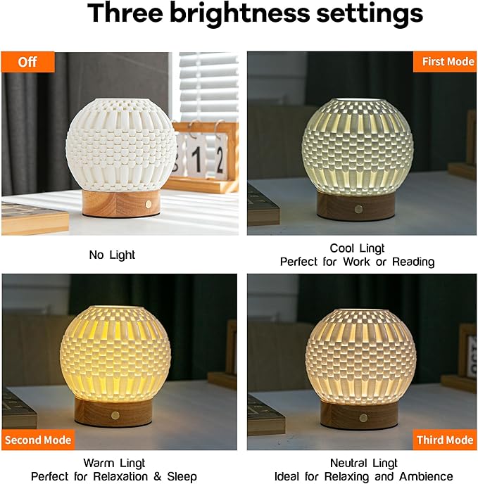 Touch Bedside Table Lamp - 3D Printed Modern Ceramic Lamp for Bedroom, Living Room, Nightstand, Desk, with Wooden Base, 3-Color Dimmable Modes, USB-C Powered (PSL25059)