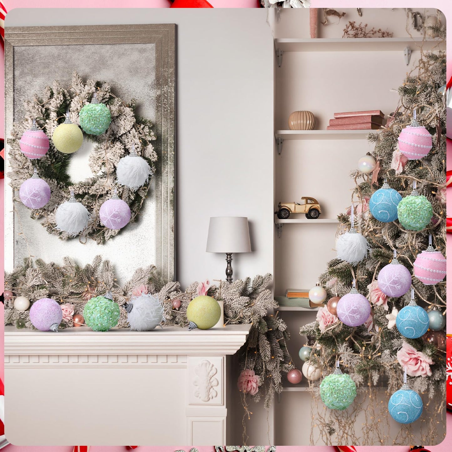 Syhood 12 Pcs 2.4 Inch Pastel Winter Tree Ornament Pink Yellow Blue Shatterproof Xmas Ornament Glitter Foam Winter Balls Tree Decoration for Home Xmas Holiday Candyland Party Centerpiece