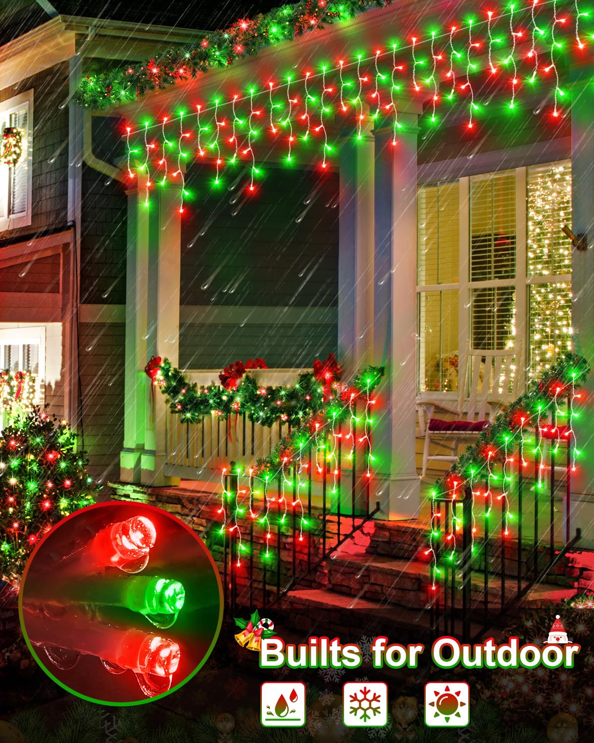 JIXXULVU Christmas Lights Outdoor Red Green, 53 FT 486 LED Christmas Lights for Outside, Timer & Memory, Plug in 8 Modes Hanging Fairy Light with 108 Drops for House Eaves Yard Patio Decorations