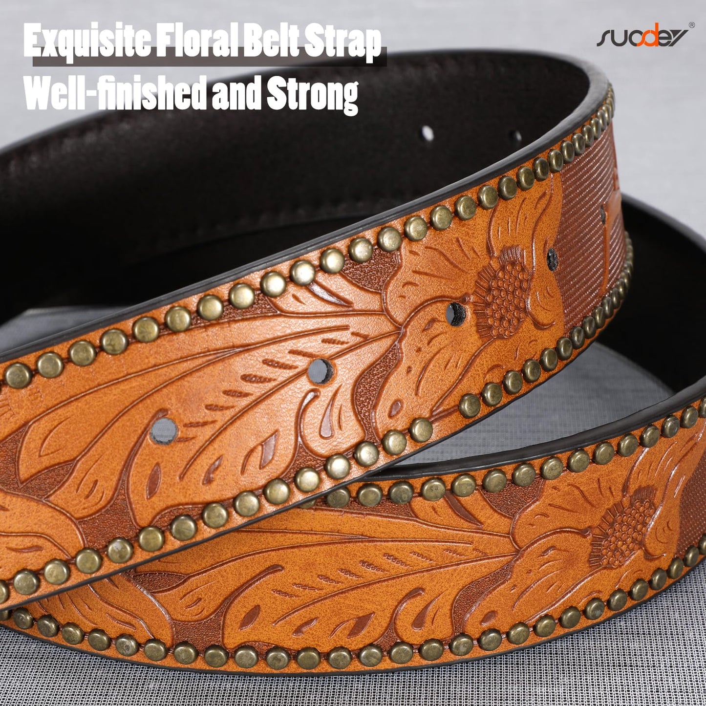 SUOSDEY Women Western Leather Belt, Cowboy Cowgirl Belt for Jeans Pants Longhorn Bull Big Buckle Belt brown