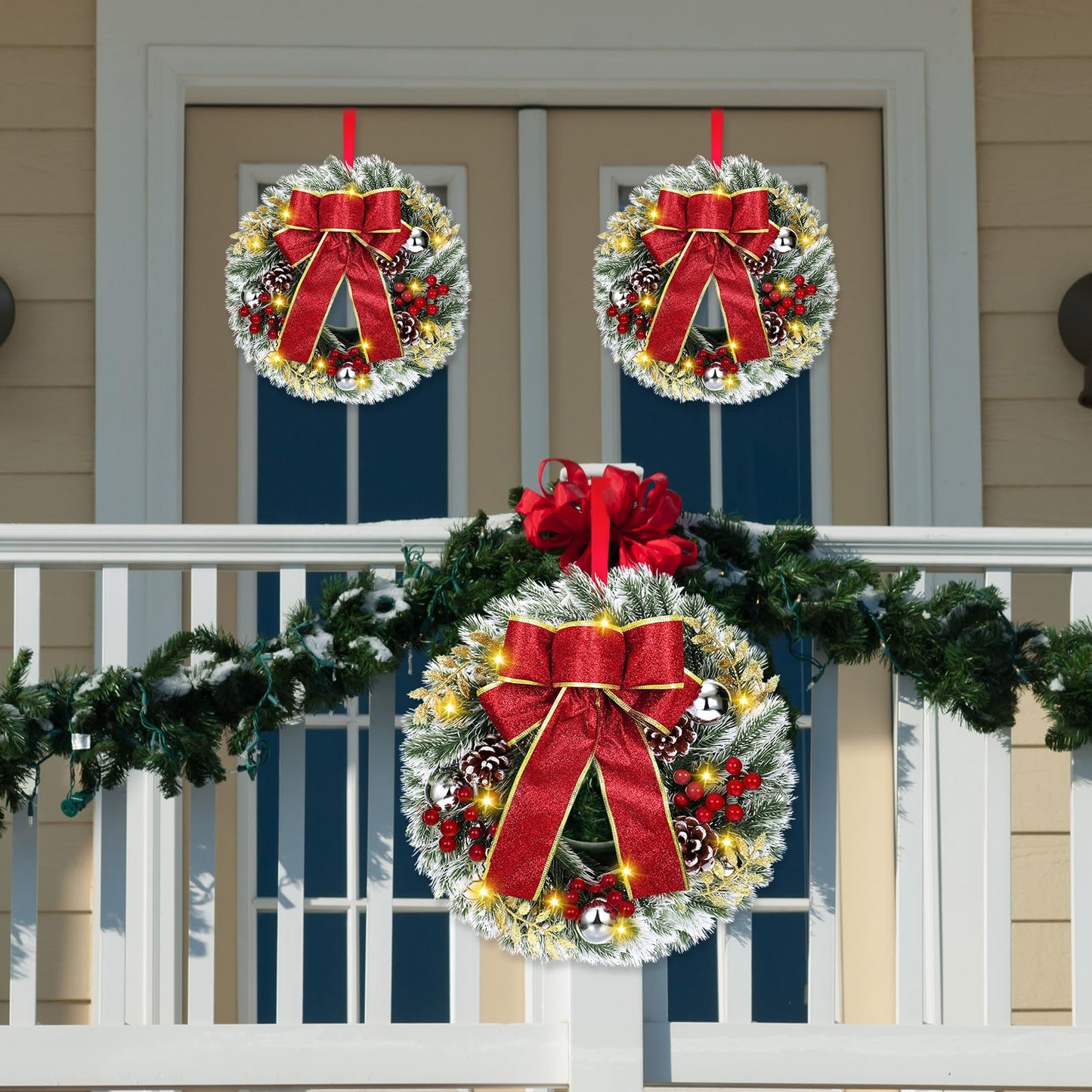 4 Pcs Lighted Christmas Wreaths, 12 Inch Pre Lit Small Xmas Wreath with Large Bow, Pine Needle Wreath with LED Lights Battery Operated Xmas Ornaments for Front Door Wall Christmas Party Decor(Silver)